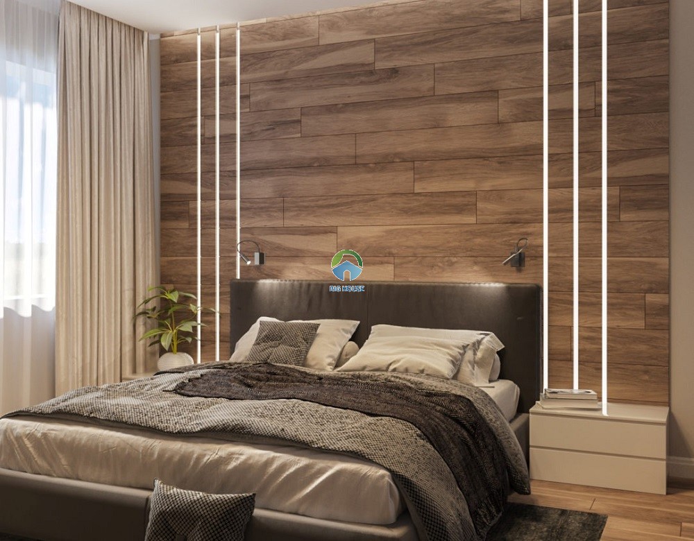 Gạch giả gỗ Viglacera ốp tường phòng ngủ theo kiểu so le