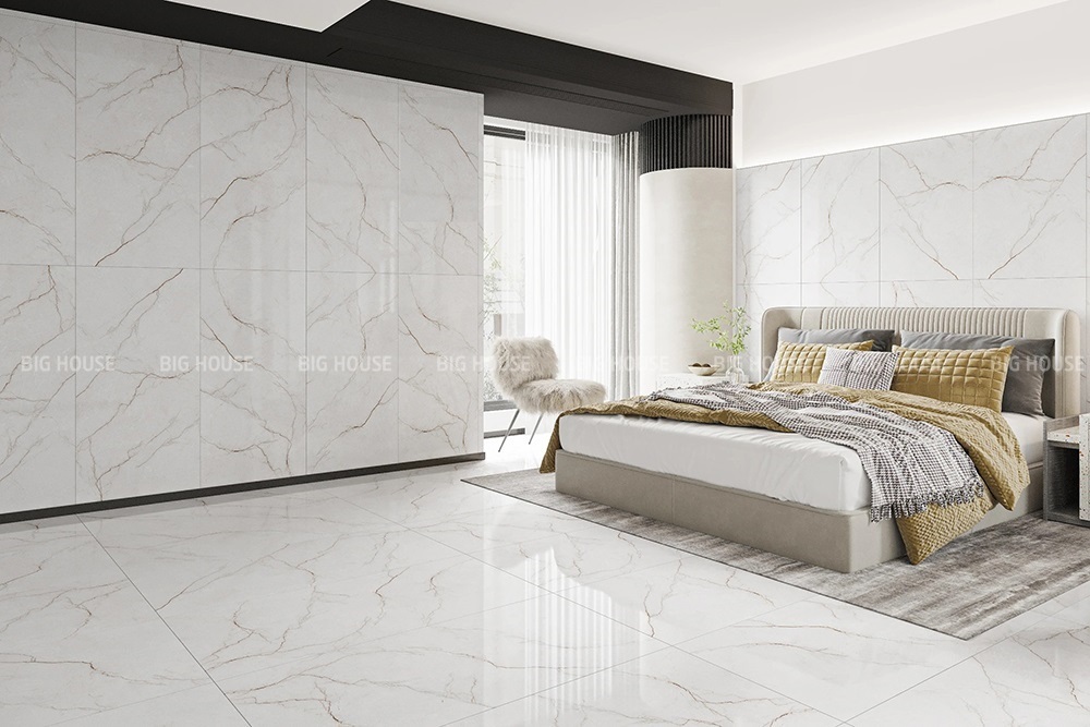 cách phối gạch ốp tường phòng ngủ trắng phong cách pastel