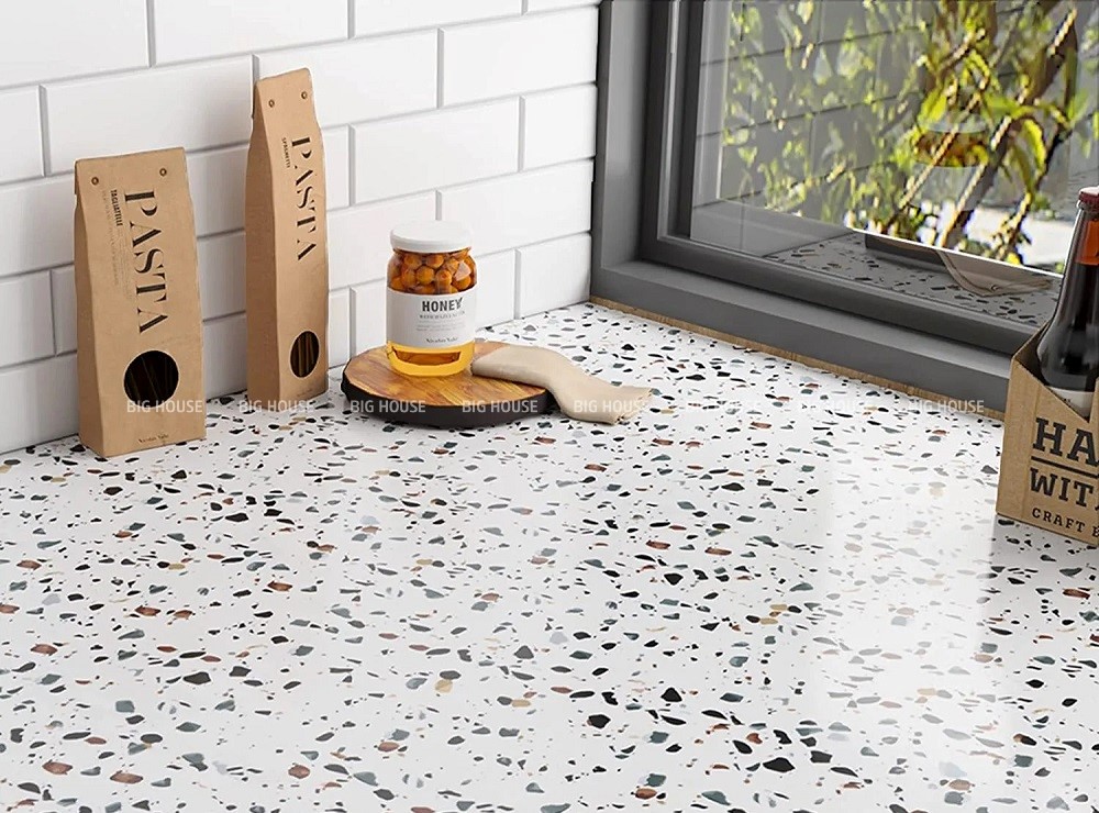 Mẫu gạch terrazzo ốp bàn bếp có bề mặt nhẵn