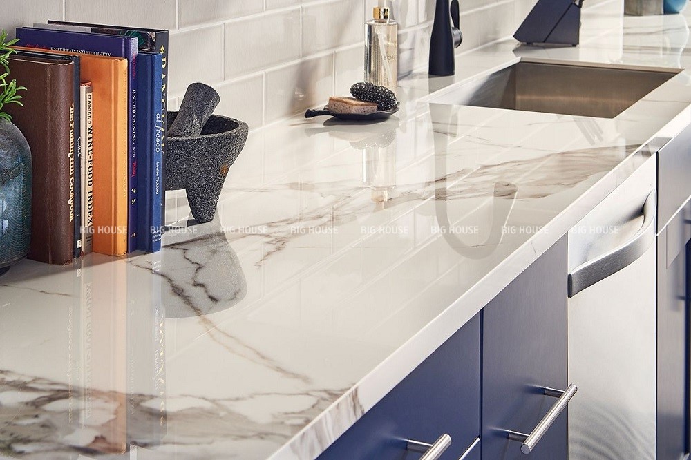 Mẫu gạch lát mặt bếp trắng vân đá marble ghi