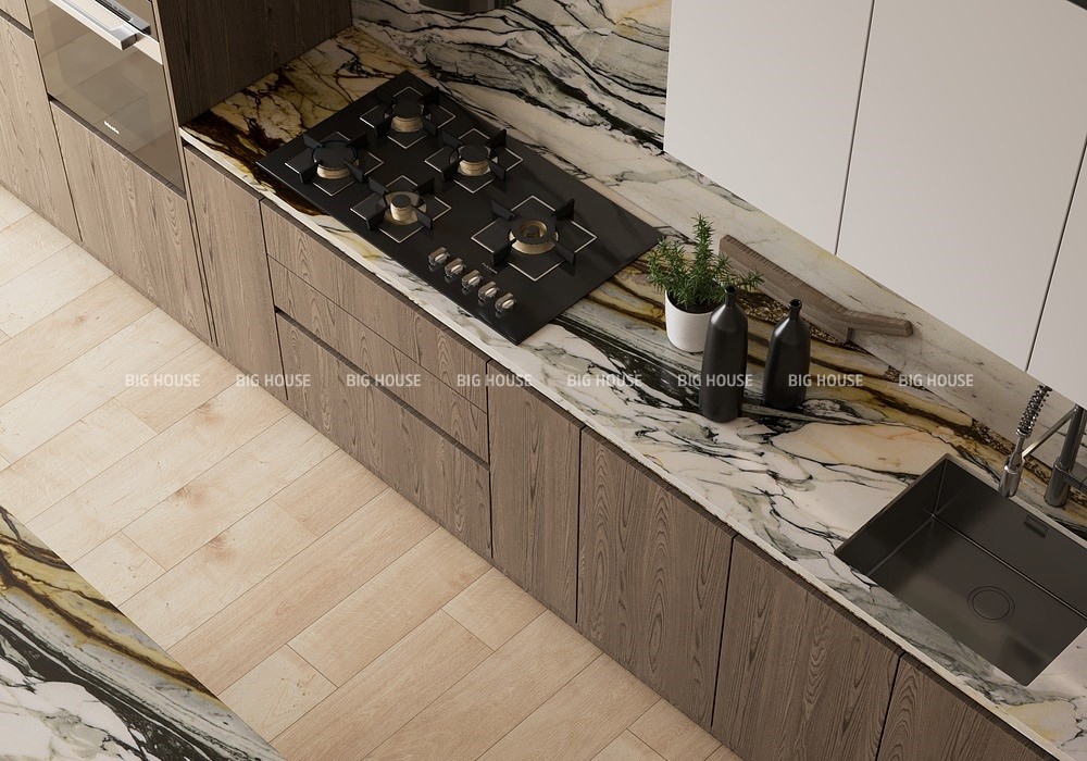 Mẫu gạch trắng có vân đá marble vân vàng xen đen