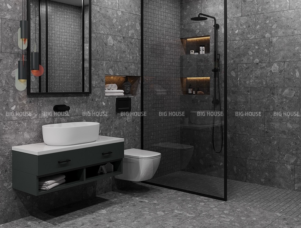 Gạch terrazzo xám đậm với hạt đá màu trắng ngà cá tính mà hiện đại