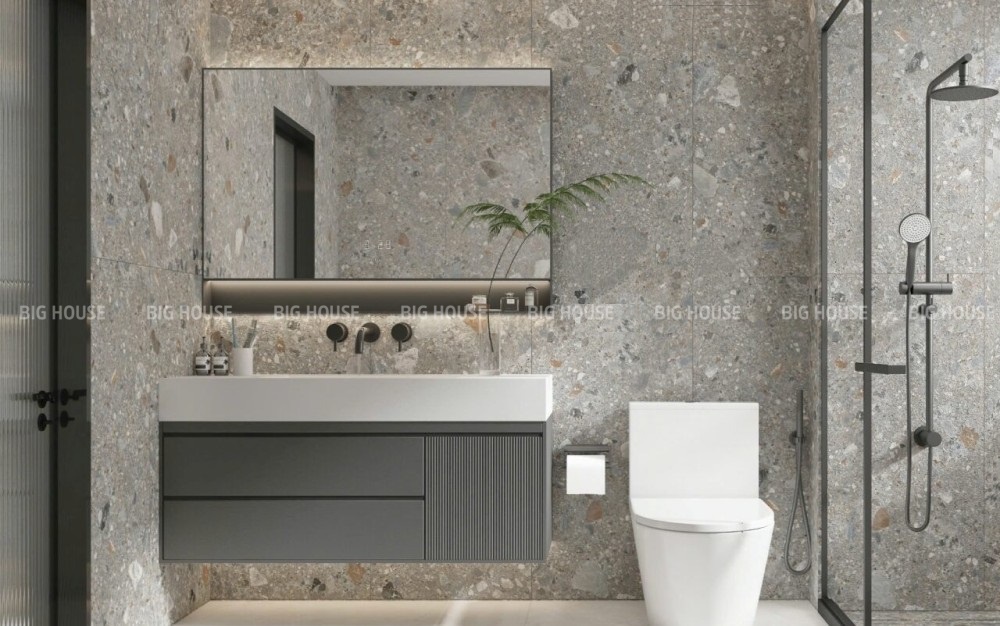 Mẫu gạch màu xám nhạt terrazzo có khổ lớn 60x120 giúp phòng tắm trông liền mạch hơn