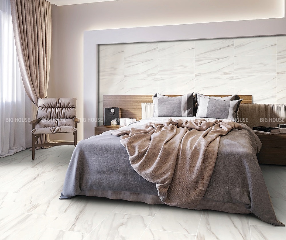 gạch ốp tường phòng ngủ màu trắng giả đá marble đẹp