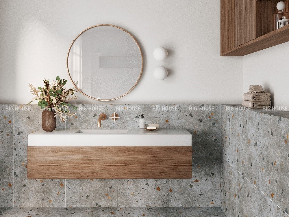 Gạch terrazzo tone ghi ốp tường phòng tắm hiện đại, tối giản