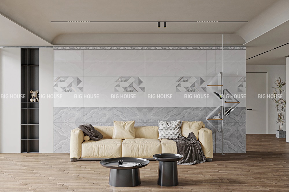 Mảng tường phía sau sofa ốp gạch tạo điểm nhấn