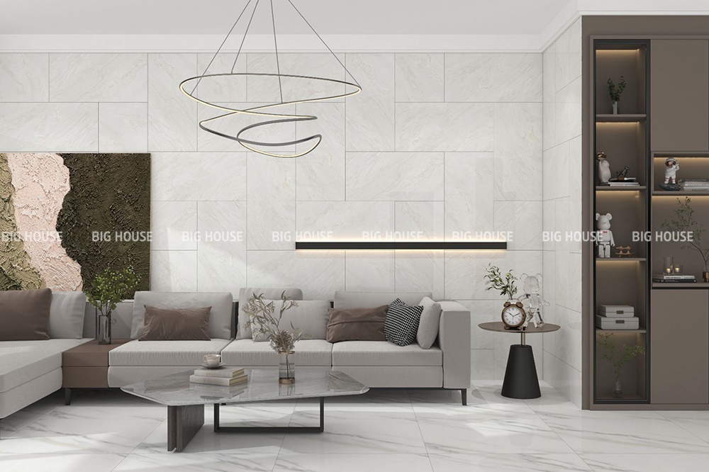 Gạch 40x80 ốp kiểu bậc thang, tạo điểm nhấn ấn tượng cho tường phòng khách