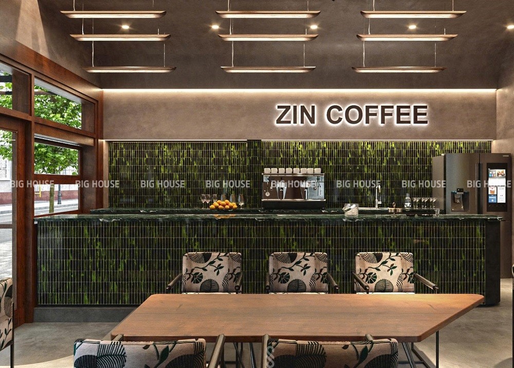 Gạch mosaic xanh rêu vân đá đen ốp trang trí quán cafe Gạch mosaic xanh rêu vân đá đen ốp trang trí quán cafe