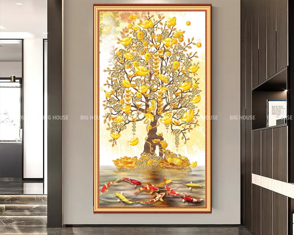 gạch tranh 3D cây kim tiền cá chép