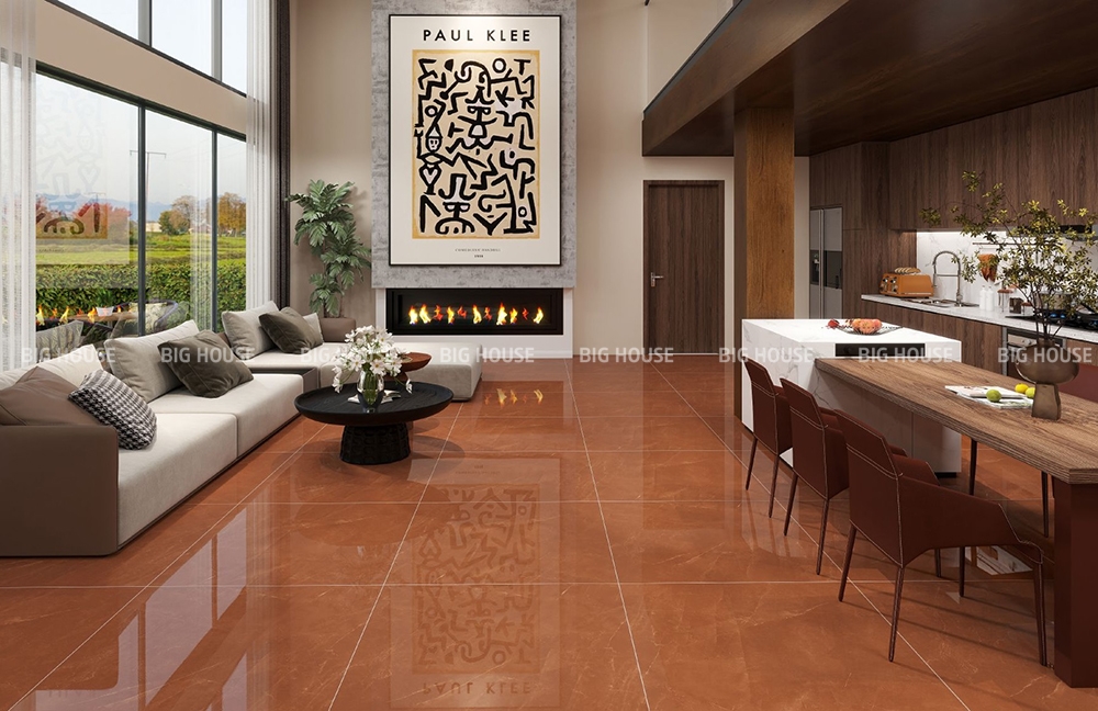 gạch màu nâu đất lát nền phòng khách