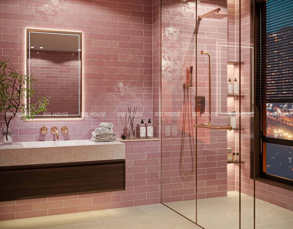 gạch ốp tường màu hồng đất