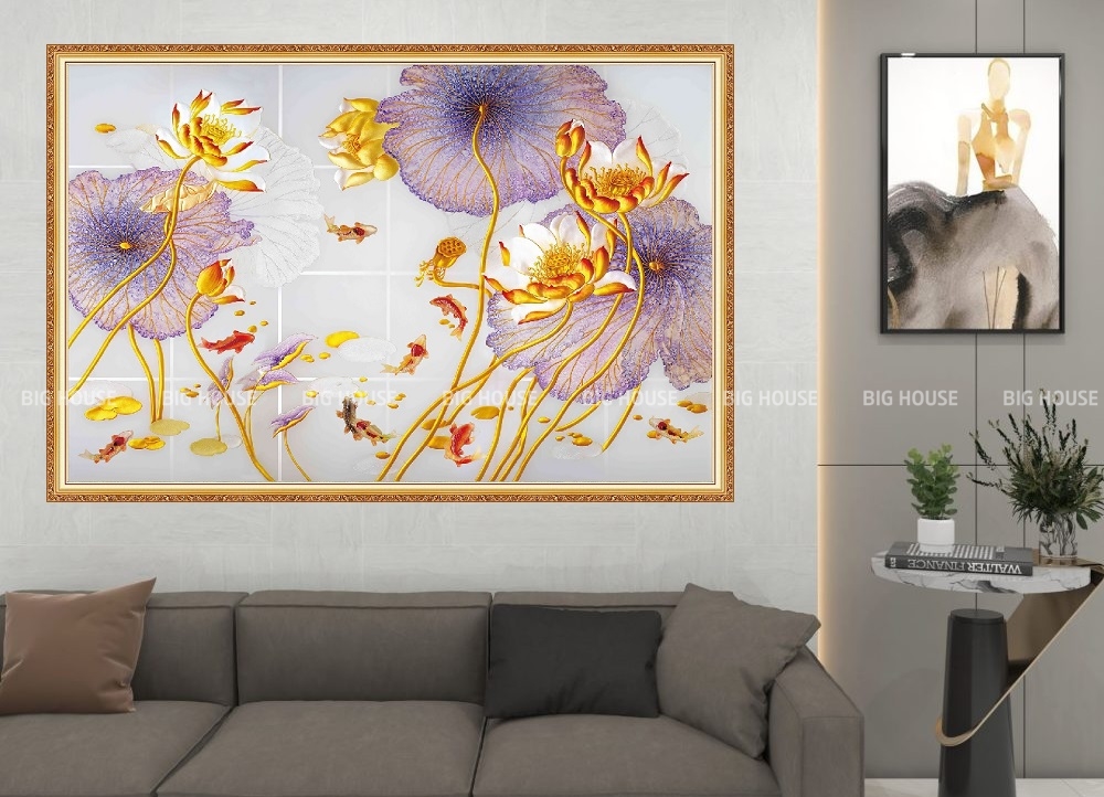 mẫu gạch 3D hoa sen cá chép ốp tường phòng khách